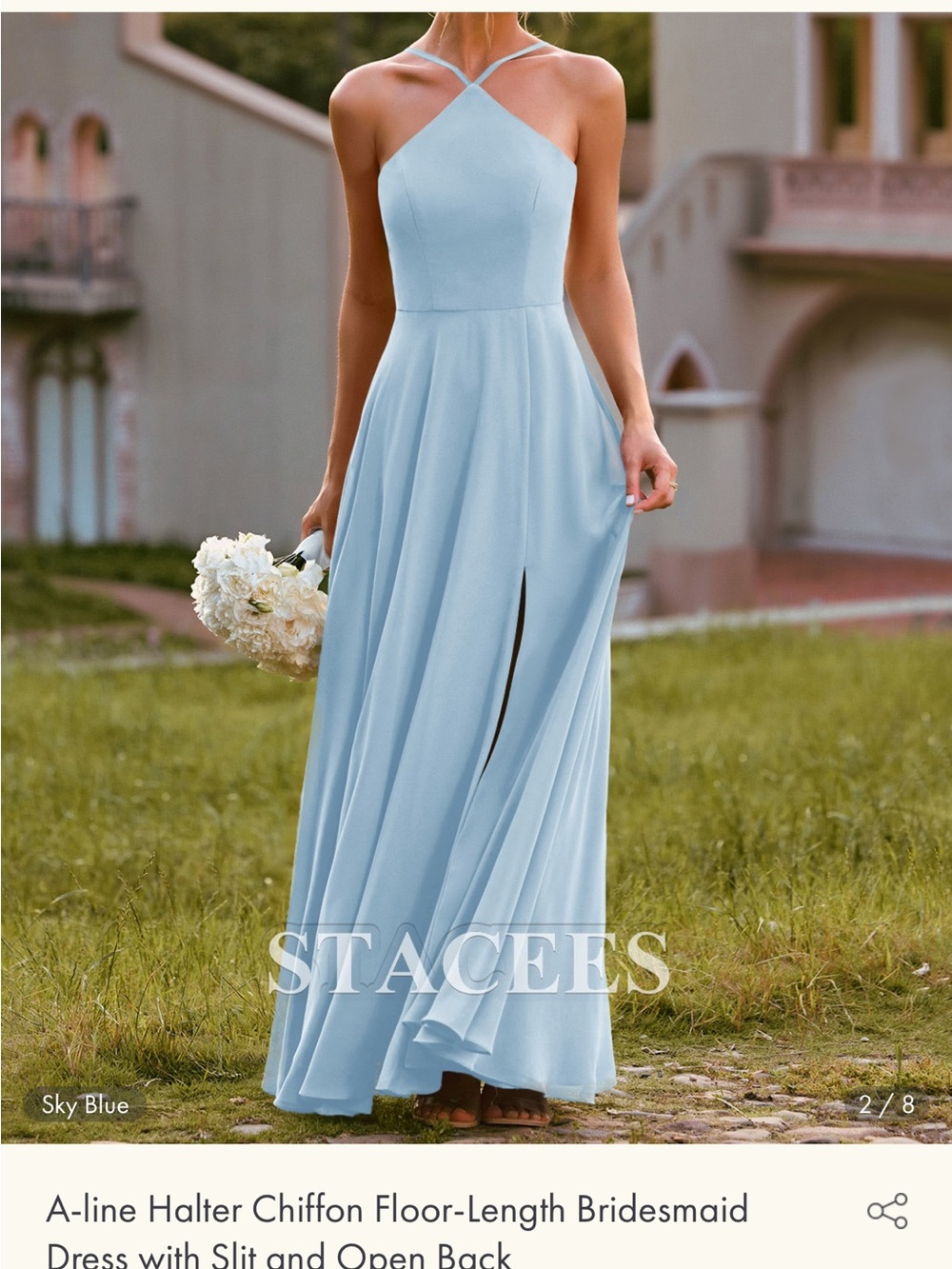 Sky Blue Halter A-Line Chiffon Maxi Dress with Slit